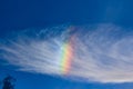 A rainbow cloud against a blue sky, a rare optical phenomenon in the atmosphere