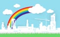 Rainbow and cloud, Beautiful cityscape paper art style