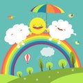 Rainbow, cloud and happy sun in the sky