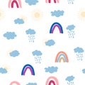 Rainbow, cloud, sun seamless pattern for newborns. Cute and delicate design for the youngest children Royalty Free Stock Photo