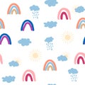 Rainbow, cloud, sun seamless pattern for newborns. Cute and delicate design for the youngest children Royalty Free Stock Photo