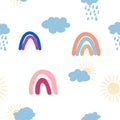 Rainbow, cloud, sun seamless pattern for newborns. Cute and delicate design for the youngest children Royalty Free Stock Photo