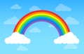 Rainbow with clouds on blue sky. Multicoloured circular arc Royalty Free Stock Photo