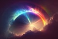 Rainbow in the clouds and bright sunbeams. Abstract fantasy background. AI generated