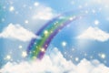 Rainbow and clouds on gradient background. Fantasy sky with stars. Unicorn abstract backdrop. Cute watercolor vector Royalty Free Stock Photo