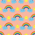 Rainbow, clouds and stars with his eyes closed. Baby seamless pattern. Royalty Free Stock Photo