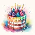 rainbow color birthday cake with lighting candles water color painted style illustration Royalty Free Stock Photo