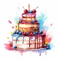 rainbow color birthday cake with lighting candles water color painted style illustration Royalty Free Stock Photo