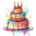 rainbow color birthday cake with lighting candles water color painted style illustration Royalty Free Stock Photo