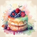 rainbow color birthday cake with lighting candles water color painted style illustration Royalty Free Stock Photo