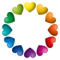 Rainbow color hearts arranged in a circle