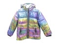 Rainbow color hooded warm sport puffer jacket isolated over white background. Blank template down jacket with zipped isolated.