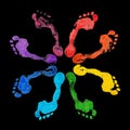 Rainbow color human footprints circle black background isolated, colorful neon light foot print illustration, barefoot footsteps