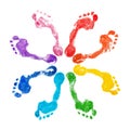 Rainbow color human footprints circle white background isolated, colorful watercolor foot print illustration, barefoot footsteps Royalty Free Stock Photo