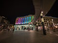 Rainbow color lights illumination of modernist Brussels Central train station Bruxelles Centraal main entrance Belgium