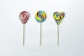 Rainbow color lollipops. colorful lollipop isolated on white background. Close up copy space