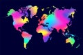 Rainbow color map world. Neon worldmap global. Worldwide globe. Colours map world on dark background. Multicolor backdrop for desi