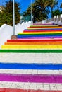 Rainbow color painted stairs to the beach Playa Torrecilla in Nerja, Andalusia, Costa del Sol, Spain