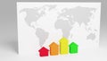 Rainbow colored arrows are growing from zero to up in front of white table with world map. Concept of growing world bussines, econ