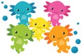 Rainbow Colored Axolotl Family with Bubbles