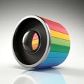 a rainbow colored camera lens on a white surface