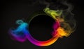 Rainbow colored circular smoke in plain black background. Generative AI