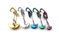 Rainbow colored climbing cams