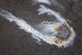 Rainbow colored comet shaped oil spill on polluted dark concrete.