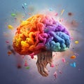 Rainbow-colored creative brain explodes with knowledge and ideas, flowers and paints