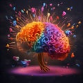 Rainbow-colored creative brain explodes with knowledge and ideas, flowers and paints