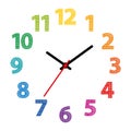 Rainbow colored dial. Clock face with colorful numerals