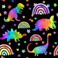 Rainbow colored dinosaurs, rainbows, flowers seamless pattern. Cute cartoon dino for kids design. Watercolor character
