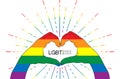 Rainbow colored hands in heart shape. LGBT concept for print product. Symbol of Gay Pride and sexual minorities.