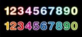 Rainbow colored numbers from one to zero, on a black background