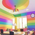 Rainbow colored office, showing diversity and bright cheerfulness, cute simple anime style illustration