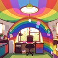 Rainbow colored office, showing diversity and bright cheerfulness, cute simple anime style illustration