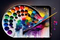 a rainbow-colored paint palette, with a selection of brushes and rollers.