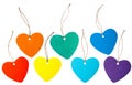 Rainbow colored paper hearts with rope