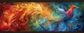 Rainbow-colored phoenix risingwith a dynamic bokeh background effect