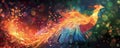 Rainbow-colored phoenix rising with a dynamic bokeh background effect