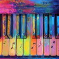 Rainbow-colored piano keys with musical notes illustration