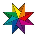 Rainbow colored and pinwheel shaped eight-pointed star