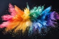 Rainbow colored powder explosion on a black background. isolated rainbow colored dust splashes flying in the air Royalty Free Stock Photo