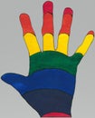 Rainbow colored powerful hand.LGBTQ Pride concept. Realistic colorful style. Acrylic color backdrop hand drawn painting on paper.