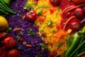 Rainbow-colored rice salad featuring a variety of plant-based proteins, appealing to vegans, vegetarians, and those looking for