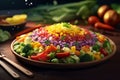 Rainbow-colored rice salad featuring a variety of plant-based proteins, appealing to vegans, vegetarians, and those looking for