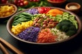 Rainbow-colored rice salad featuring a variety of plant-based proteins, appealing to vegans, vegetarians, and those looking for