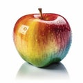 Rainbow colored single realistic shiny apple with water drops on white background. AI generative illustration Royalty Free Stock Photo