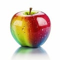 Rainbow colored single realistic shiny apple with water drops on white background. AI generative illustration Royalty Free Stock Photo