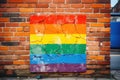 a rainbow colored square painted on a brick wall Royalty Free Stock Photo